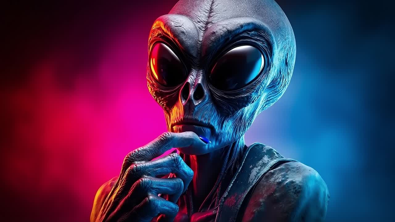 A close up of an alien with a finger on his lips