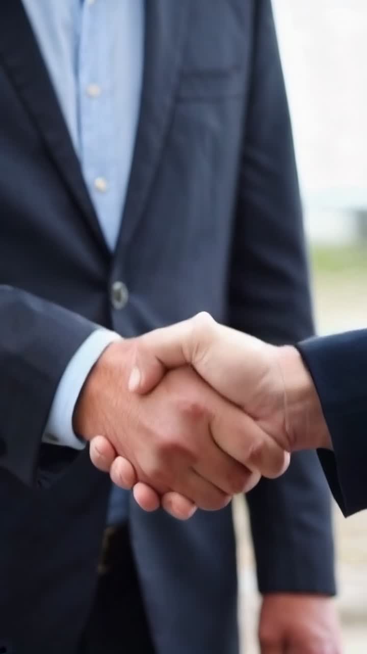 Two businessmen shaking hands in a suit. Scene is professional and formal.