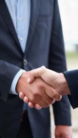 two businessmen shaking hands in a suit. scene is professional and formal.