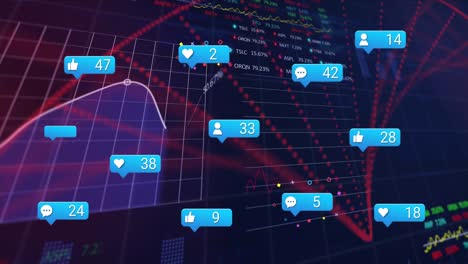 Animación-De-íconos-De-Redes-Sociales,-Estadística,-Procesamiento-De-Datos-Del-Mercado-De-Valores-Y-Estructura-De-ADN.