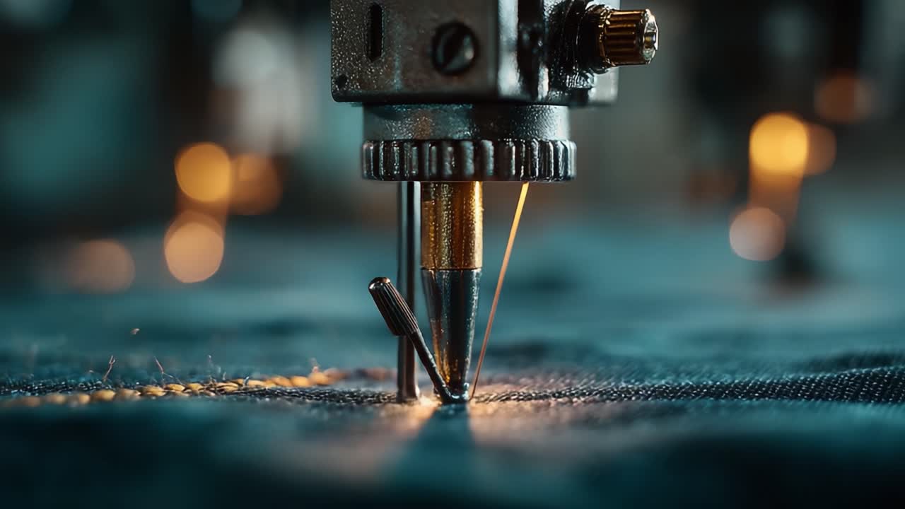 Primo Piano Dettagliato di un Ago di Macchina da Cucire che Crea Punti Dettagliati sul Tessuto, Catturando la Precisione e l'Artigianalità Coinvolte nella Produzione Tessile