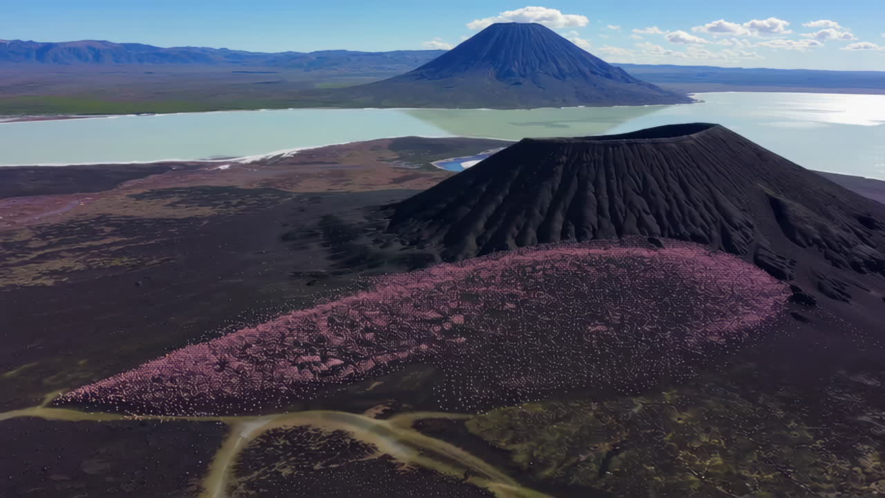 Massive Flamingo Flock Near Volcanic Peaks and Salt Lake