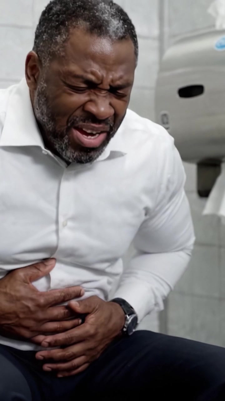 Un uomo che lotta con un forte disagio in un bagno, stringendosi lo stomaco, illustrando un intenso momento di dolore e sofferenza in un ambiente pubblico.