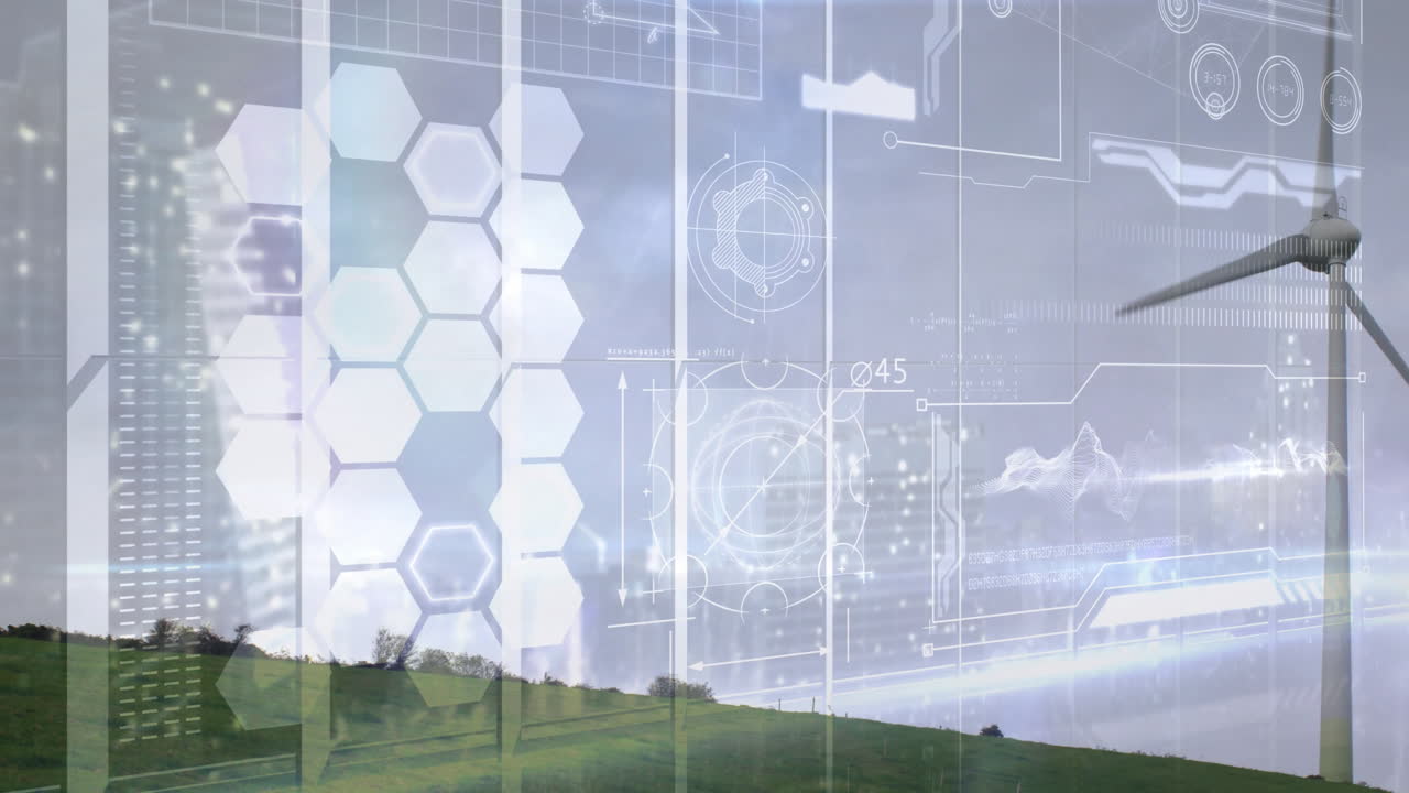 Wind turbine being visualized on grassy hillside, featuring 3D-rendered hexagonal grid and waveform