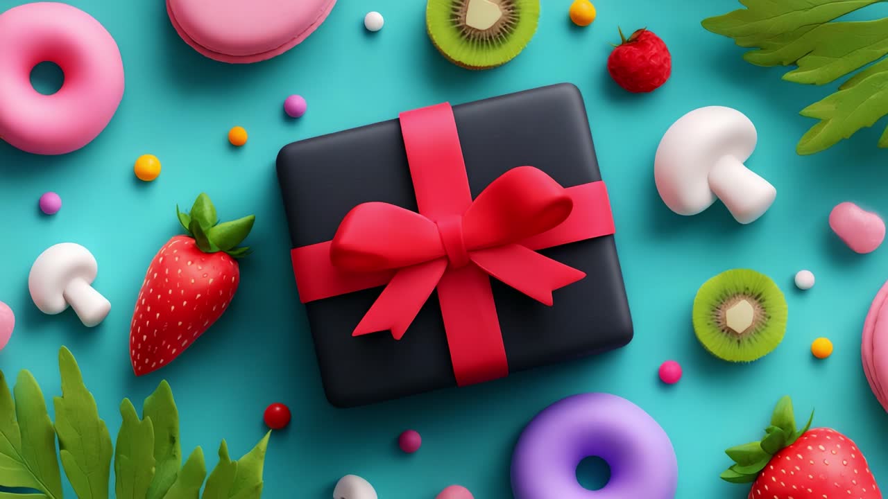 A Vibrant Celebration of Colorful Treats and Gift Wrapping: A Festive Arrangement Featuring Sweets, Fruits, and Decorative Elements for a Joyous Occasion