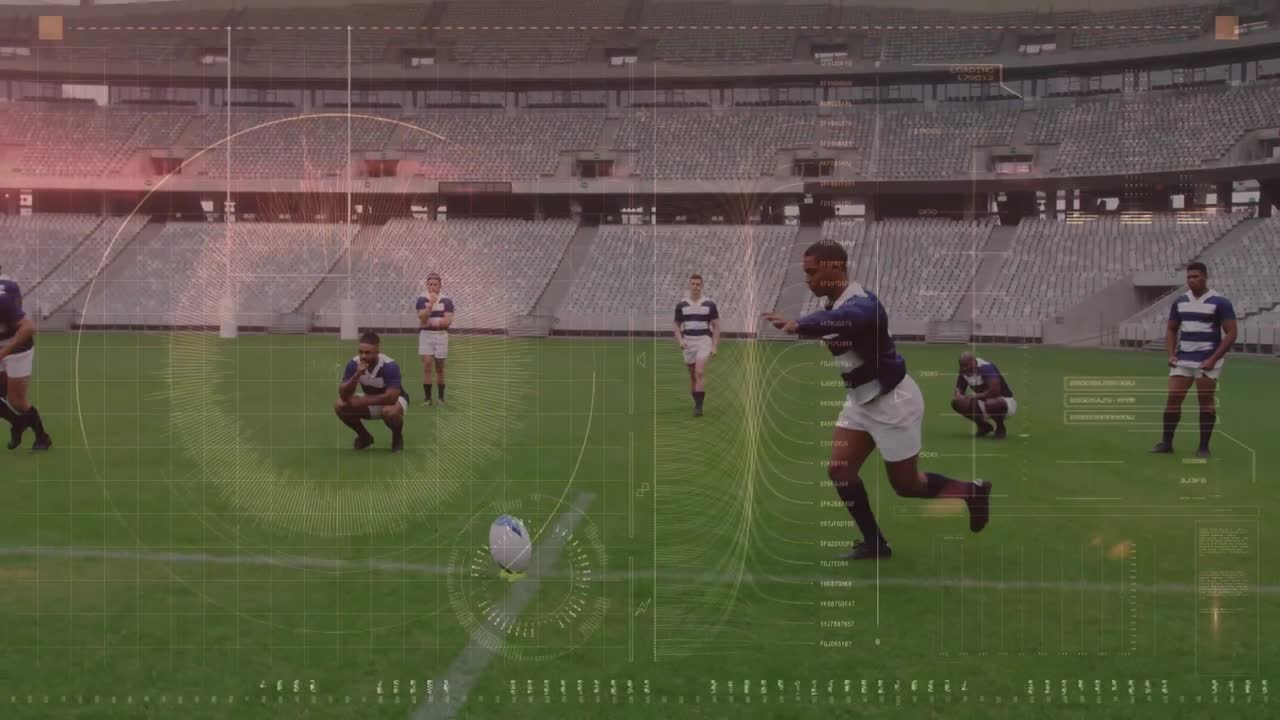 스포츠 경기장에서의 럭비 경기에 대한 데이터 처리 애니메이션