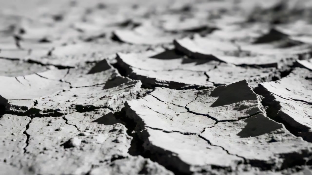 Shifting camera pulling back widening focus over dry playa showing cracked mud plates and fissures