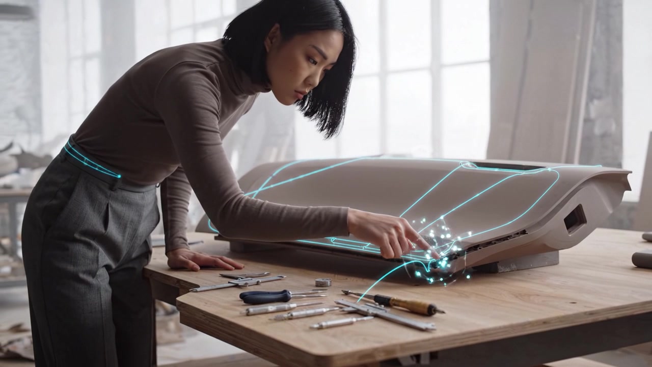 A Designer Carefully Crafts a Sleek Automotive Panel, Showcasing Precise Tools and Innovative Techniques in a Modern Workshop Environment