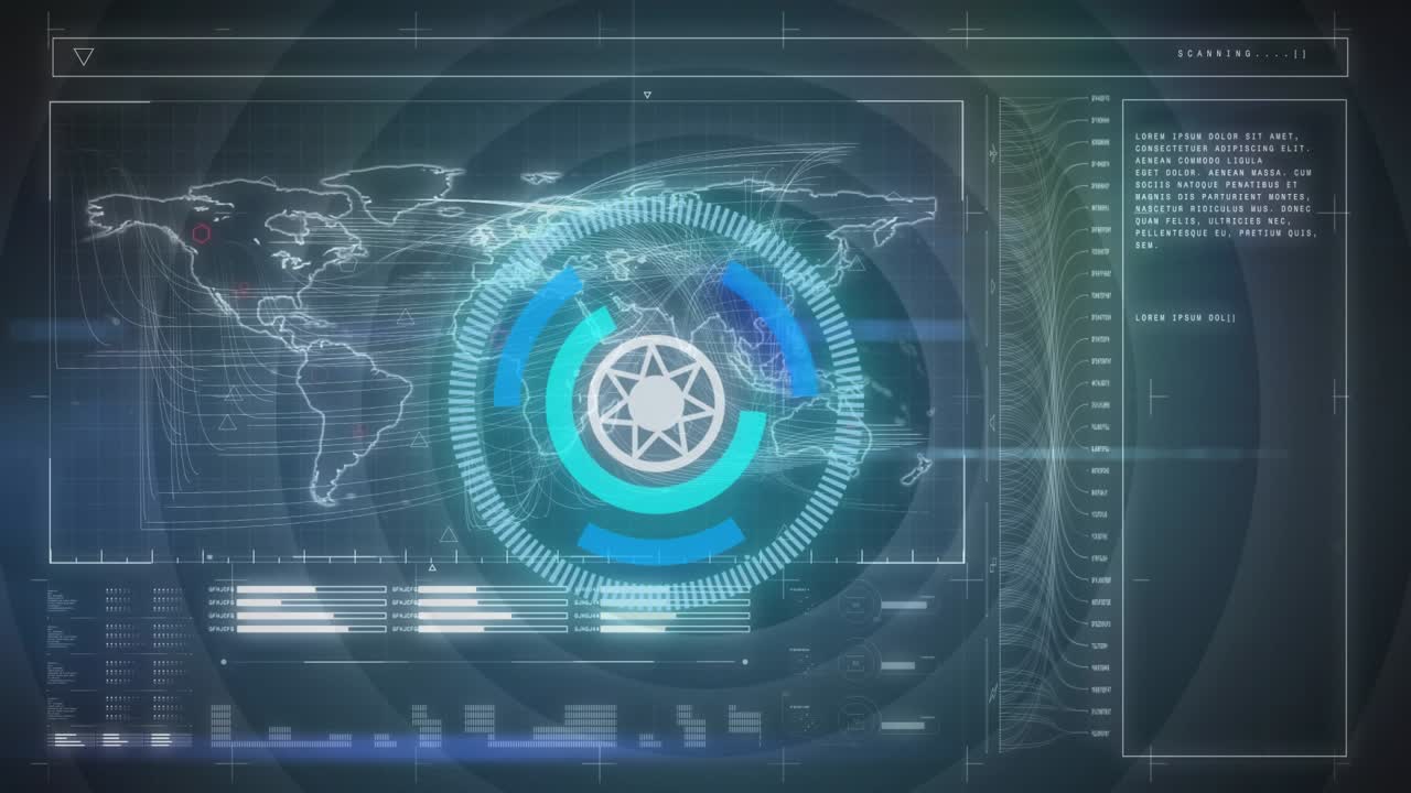 Animation of scope scanning over world map and data processing on black background