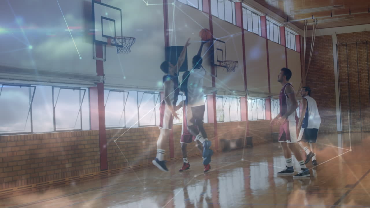 animación de la red de conexiones a través de un partido de baloncesto en el gimnasio