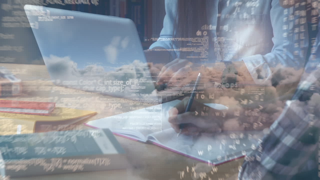 앞면 에 데이터 로 가득 찬 하늘 과 함께 테이블 에서 일 하는 학생 들