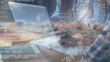 estudiantes trabajando en una mesa con un cielo lleno de datos en primer plano