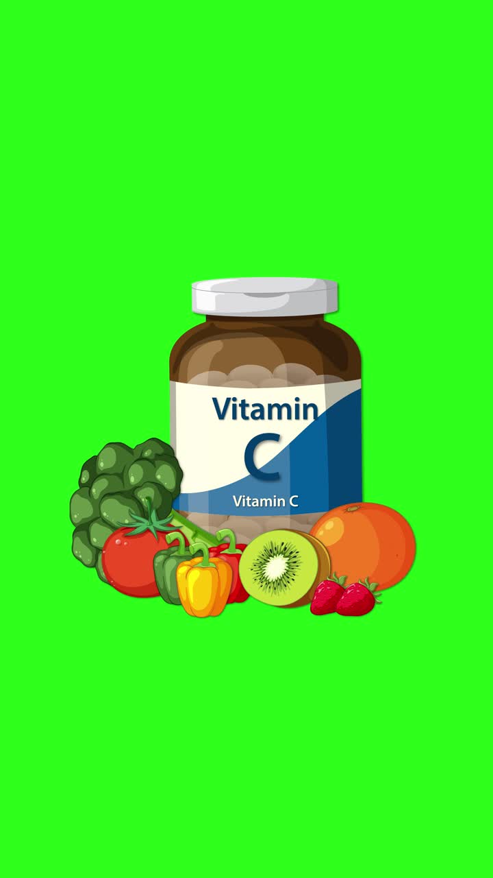 Bottiglia di Vitamina C con frutta e verdura animate su uno sfondo verde vibrante.