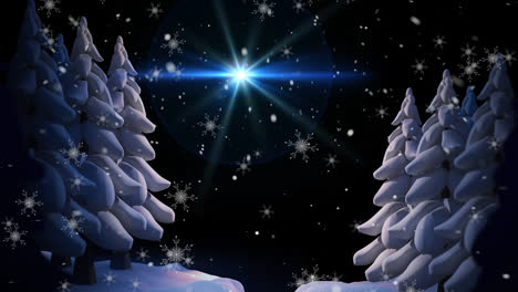 Animation-of-snow-falling-over-star-and-winter-landscape