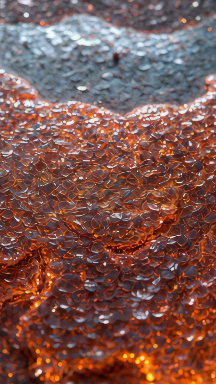 Vertical video: Rising light turning translucent amber droplets glowing on dark base, with sparkles