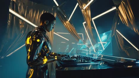 futuristic robot dj performing