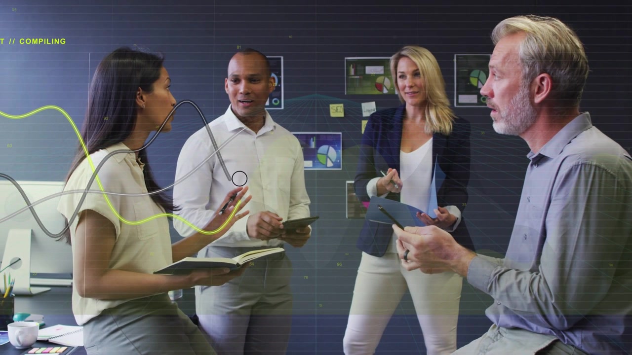 Colleagues talking business data, seated woman speaking initiating wavy nodes, referencing tablets