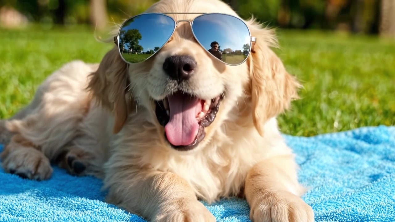 Güneşli Bir Günde Güneş Gözlüklü Oyuncu Bir Golden Retriever Yavrusu, Parkta Çimlerin Sıcaklığının ve Arkadaşlarının Eşliğinin Keyfini Çıkararak Dinleniyor.