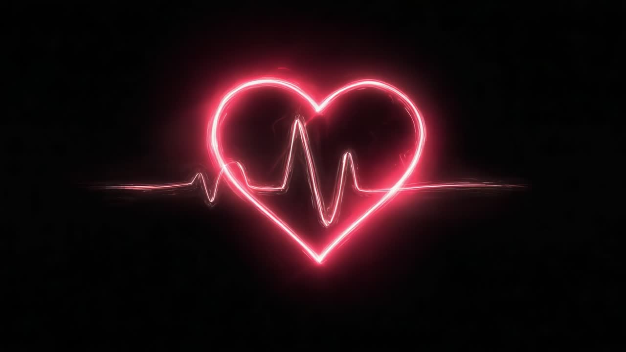 A captivating sequence showcasing a glowing heart symbol intertwined with a rhythmic heartbeat line, representing love, vitality, and connection in a visually striking manner