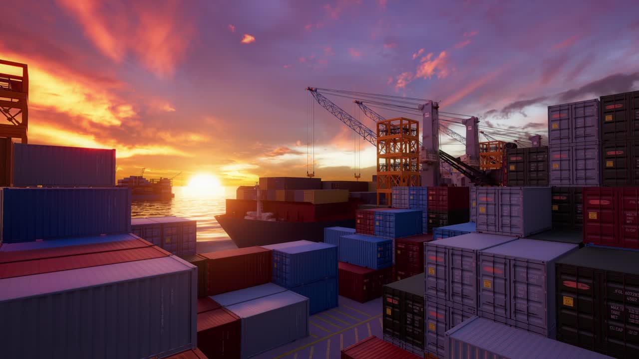 Shipping Containers In Port With Sunset