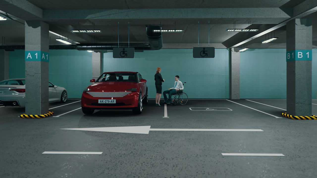 Underground parking with cars. Modern underground parking. Indoor full modern parking. Underground Parking Garage Scene