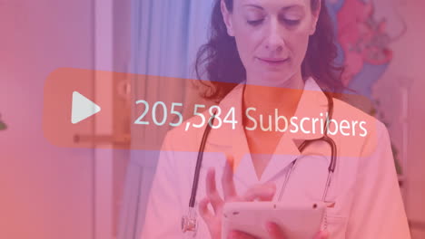 doctor using tablet with 173,317 subscribers animation over screen