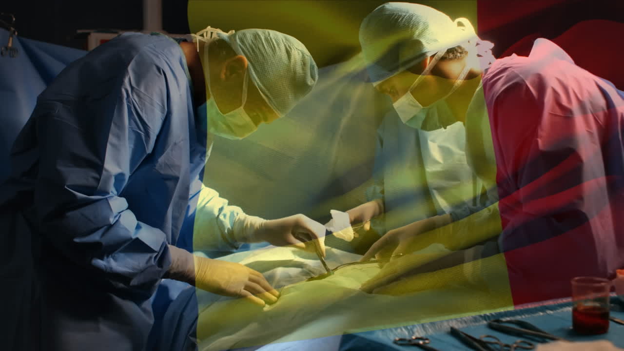 Animation of flag of romania waving over surgeons in operating theatre