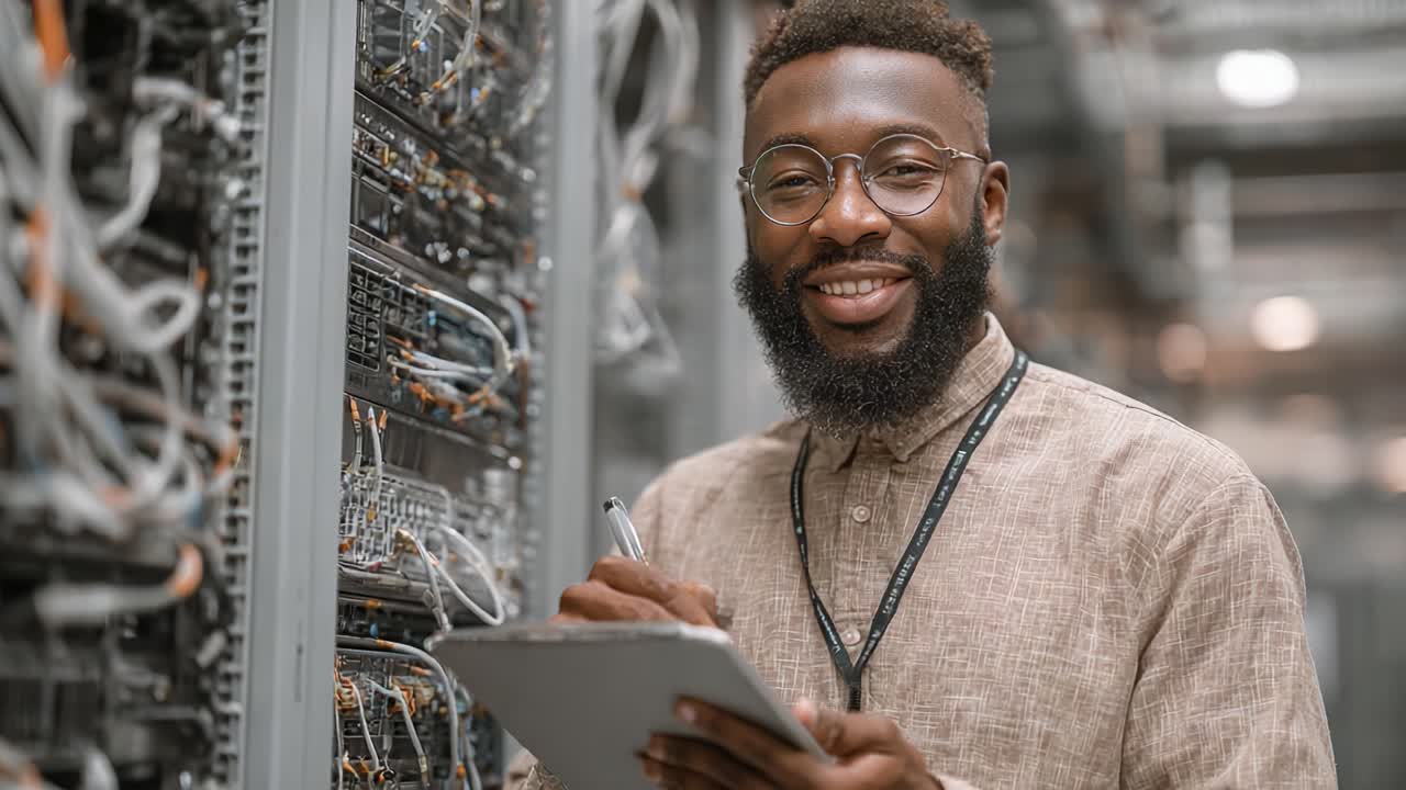 A smiling technician takes notes while working on complex communication network technology in a modern data center, showcasing expertise in systems and infrastructure management