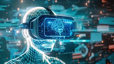 virtual reality headset with digital brain and futuristic interface