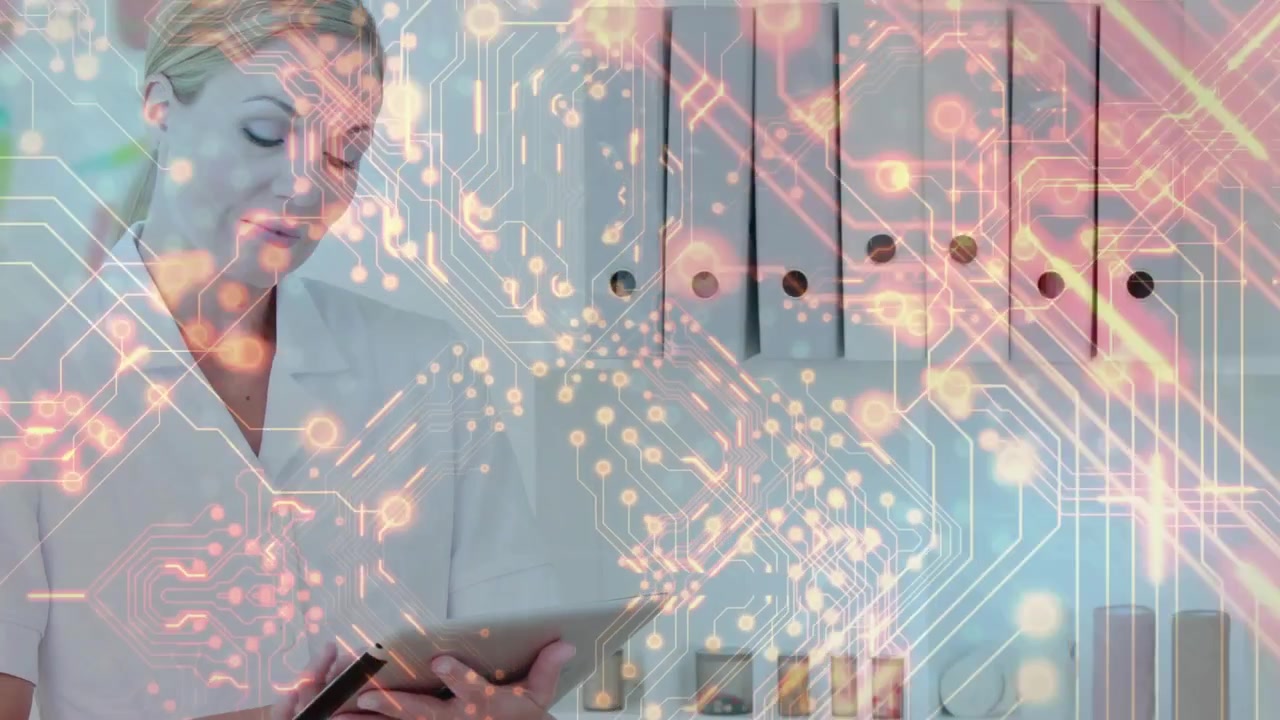 Female nurse holding tablet and tapping screen, activating circuit overlay while accessing binders
