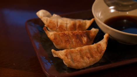 restaurant gyoza pan fried dumpling pot stickers plated with soy dipping sauce, slider close up 4k