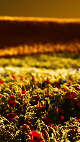 red poppies in a field at sunset