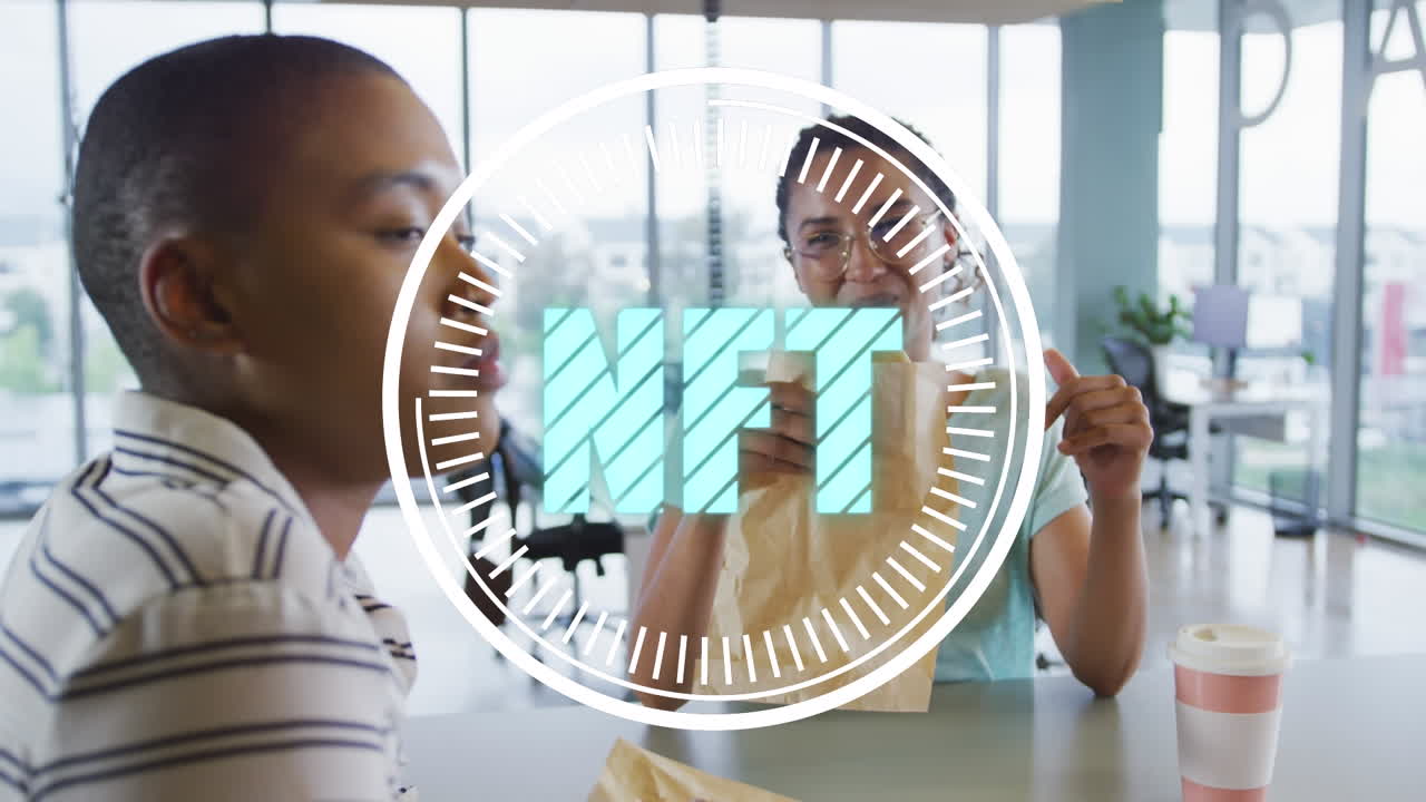 Animation of nft text over diverse business people talking