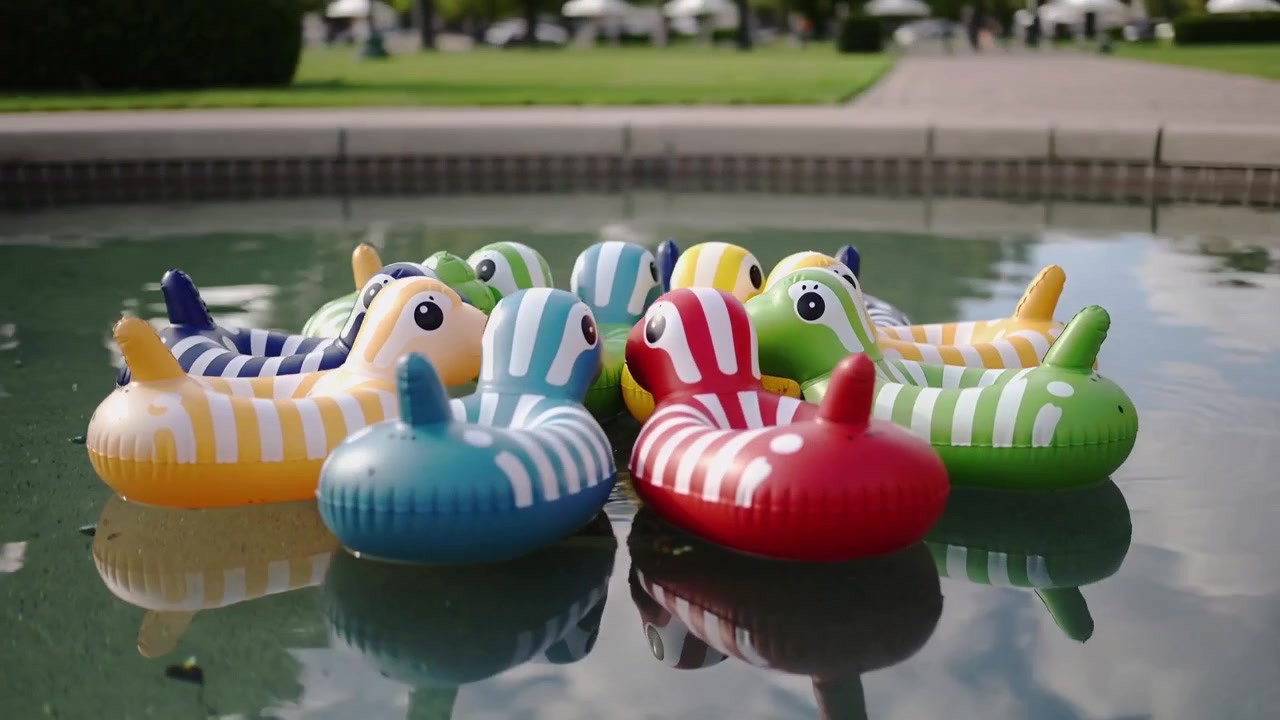 Patos de borracha listrados flutuando e balançando na fonte do parque, câmera recuando, brisa ondulando a água