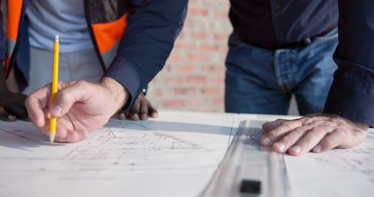 Architects Reviewing Construction Blueprints on Site