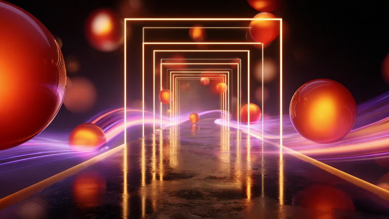 A captivating and vibrant corridor of illuminated geometric shapes, creating a surreal and immersive atmosphere with glowing spheres and flowing light trails enhancing the visual impact and engagement