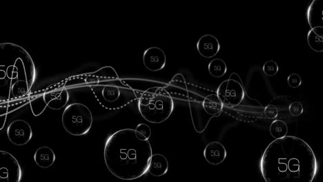 5g text animation over abstract waves and circles on black background