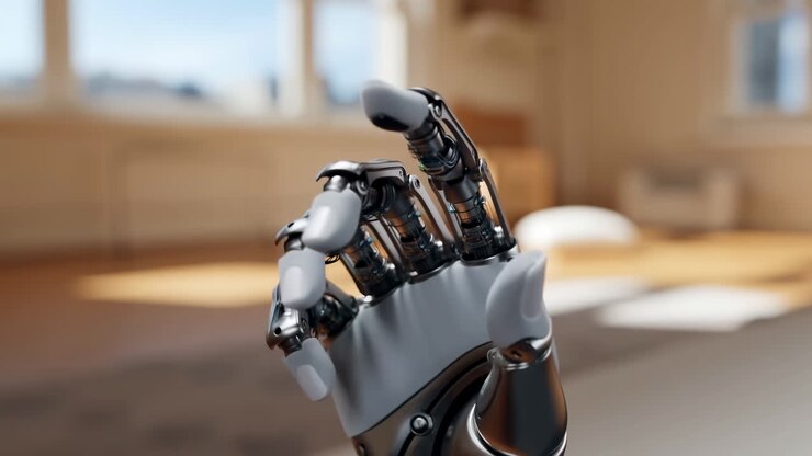Primo piano di una mano protesica robotica in un ambiente di soggiorno moderno che mostra dita bioniche che si flettono con meccanismi a vista