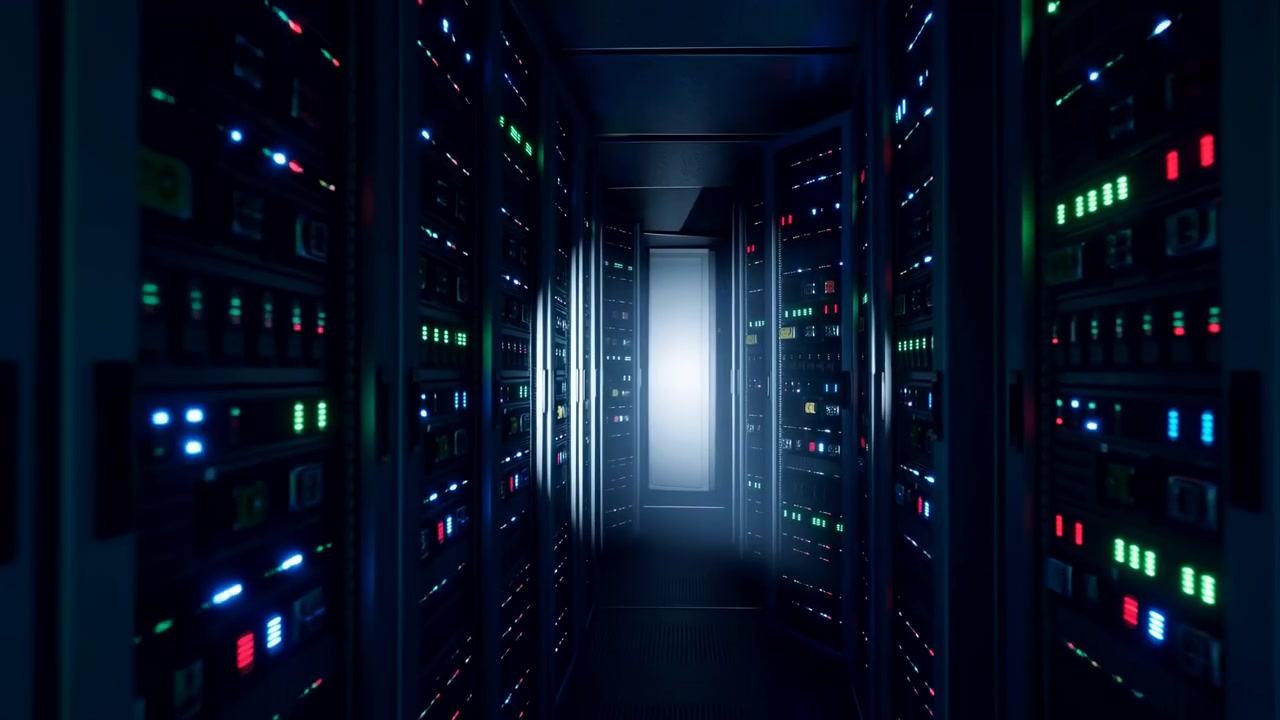 Symmetrical aisle between tall server racks in a dark facility, lit by cool blue illumination and colorful status lights, with a bright opening at the far end