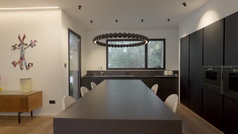 smart home interior view of dining room and kitchen, modern architecture, automatic light system.