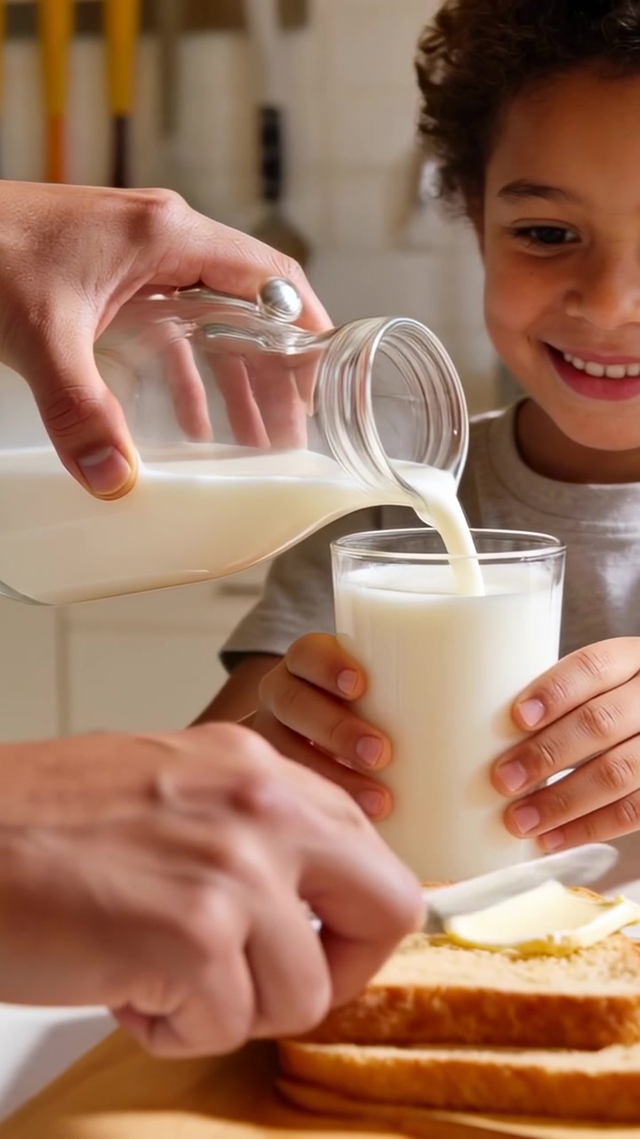 Vertikales Video: Glas kippen, Erwachsener gießt zu Hause zum Frühstück in Kinderglas, Butter streichen.