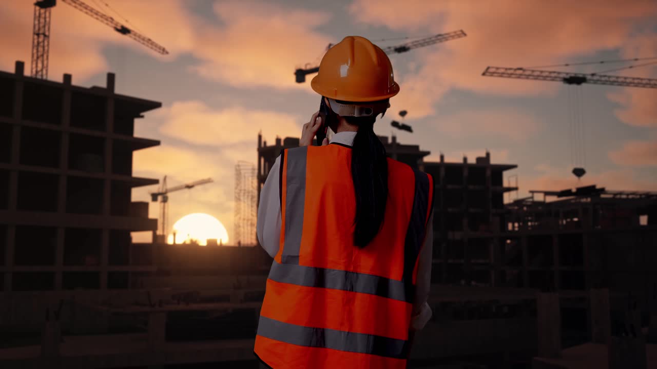Back View Of Asian Female Engineer With Safety Helmet Talking On Smartphone While Standing At Construction Site in Progress to New House