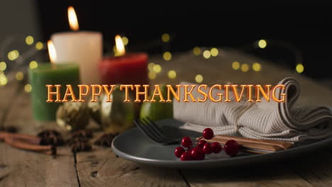 Animation-of-happy-thanksgiving-text-and-dinner-on-table-background