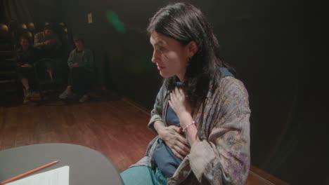theater actresses performing expressive dialogue on rehearsal