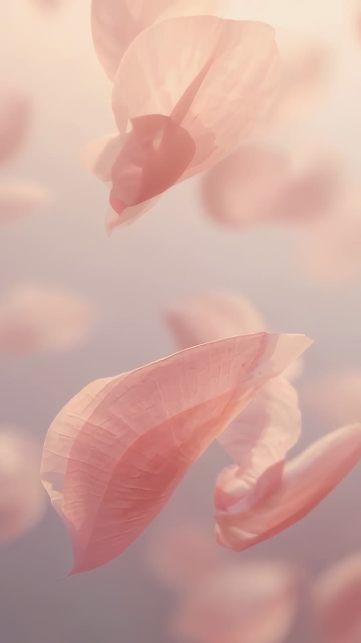 Vertical video: Drifting pair sheer pink petals rotating down in pastel sky, breeze revealing veins