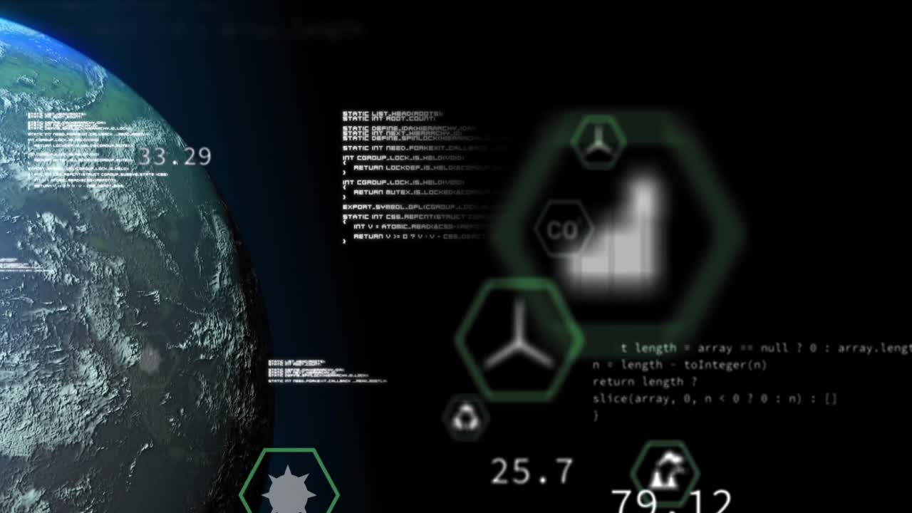 검은색 배경에 아이콘, 데이터 및 지구의 애니메이션