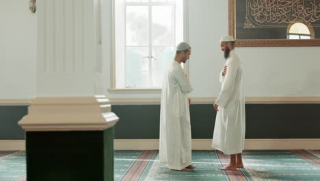 Muslim,-Islam-and-people-hug-in-mosque