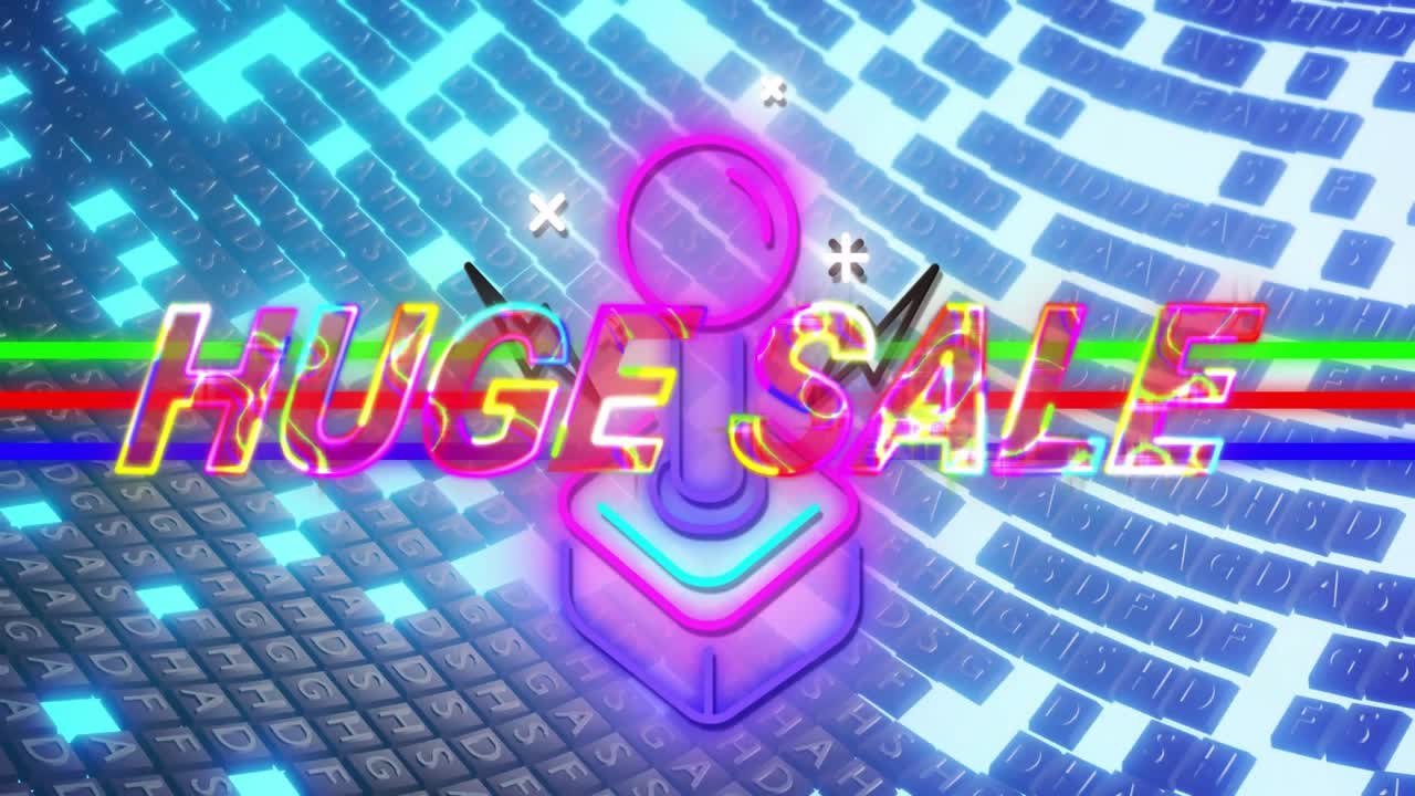 Testo al neon "MEGA SALDI" con glitch dietro un'icona stilizzata di joystick che scorre attraverso una griglia metallica curva.