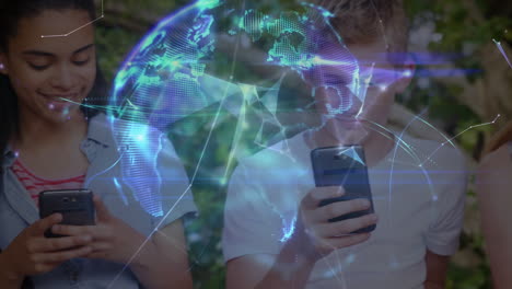 animación de la red de conexiones y el globo sobre los niños que usan teléfonos inteligentes