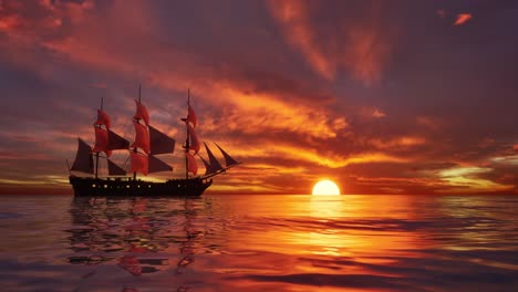 large medieval ship on the sea on a sunset. the old medieval ship gracefully sails in the open sea